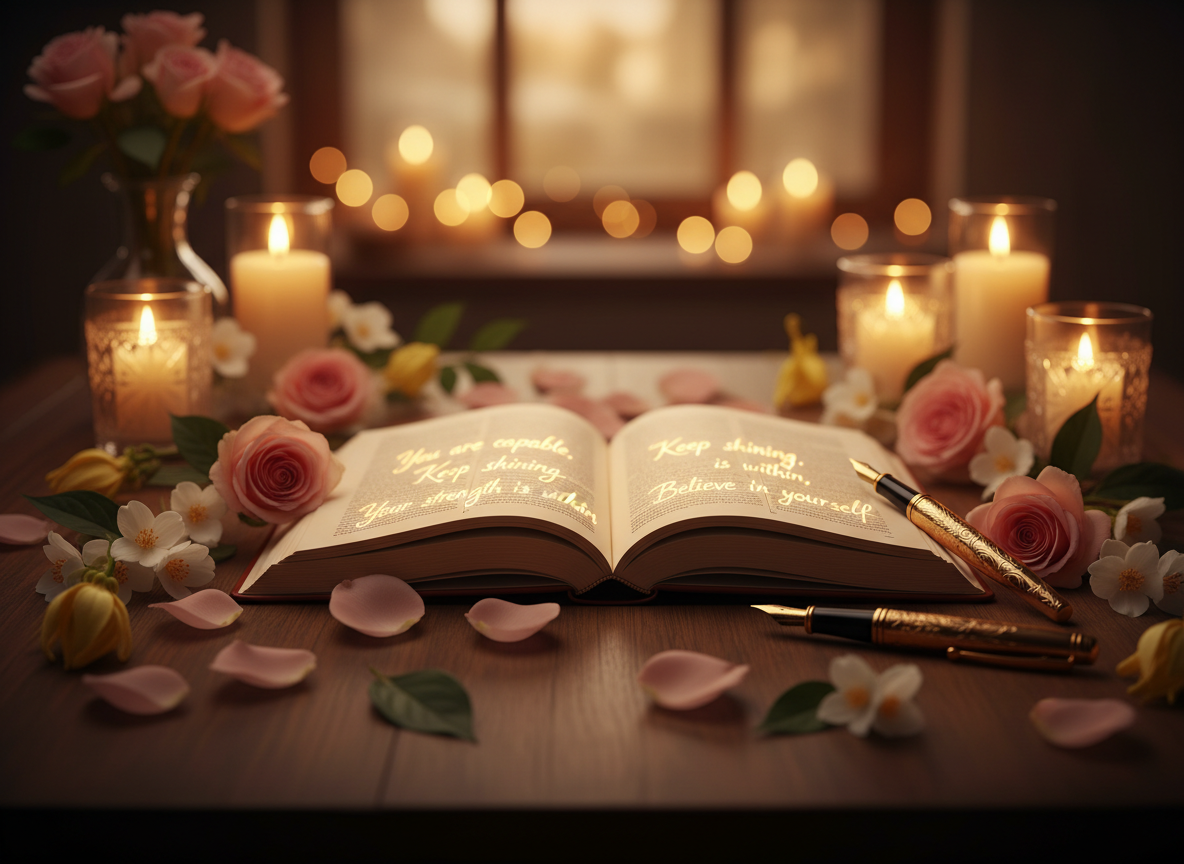 Ultra high resolution 4K cinematic photograph representing "Heart Notes – Words of Encouragement" — an open elegant journal with handwritten words of affirmation and encouragement glowing softly on the pages, surrounded by blush pink rose petals, jasmine flowers, and ylang-ylang blooms, a vintage gold ink pen resting beside it, warm candlelight casting a golden glow, soft bokeh background, romantic and uplifting mood, rich depth of field, photorealistic, beautifully lit, wide landscape composition