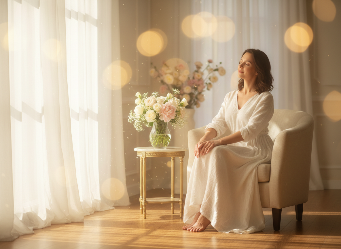 Ultra high resolution 4K cinematic photograph representing "Moment of Grace" — a serene, ethereal scene of soft morning light filtering through sheer white curtains onto a woman sitting peacefully in a comfortable chair, hands gently resting in her lap, eyes softly closed, wearing a flowing linen dress. She is NOT in any yoga or meditation pose. Surrounded by delicate white and blush flowers in a vase nearby, warm ivory and gold tones, soft bokeh background, no candles, tranquil and sacred atmosphere evoking inner grace and quiet spiritual beauty, photorealistic, beautifully lit, wide landscape composition.