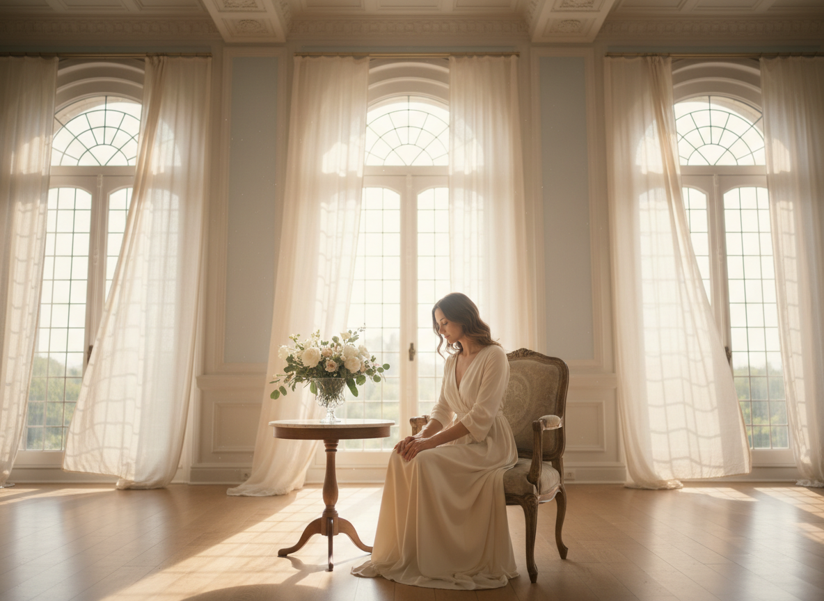 Ultra high resolution 4K cinematic photograph representing "Moment of Grace" — a serene, ethereal scene of soft golden morning light streaming through tall arched windows into a peaceful room. A woman in a flowing cream dress sits gracefully in an elegant chair, head gently bowed, hands resting in her lap — not in any yoga pose. Delicate white and blush flowers in a vase beside her, sheer curtains softly billowing, warm ivory and gold tones, no candles, tranquil and sacred atmosphere evoking divine pause and quiet spiritual beauty. Soft bokeh background, photorealistic, beautifully lit, wide landscape composition.