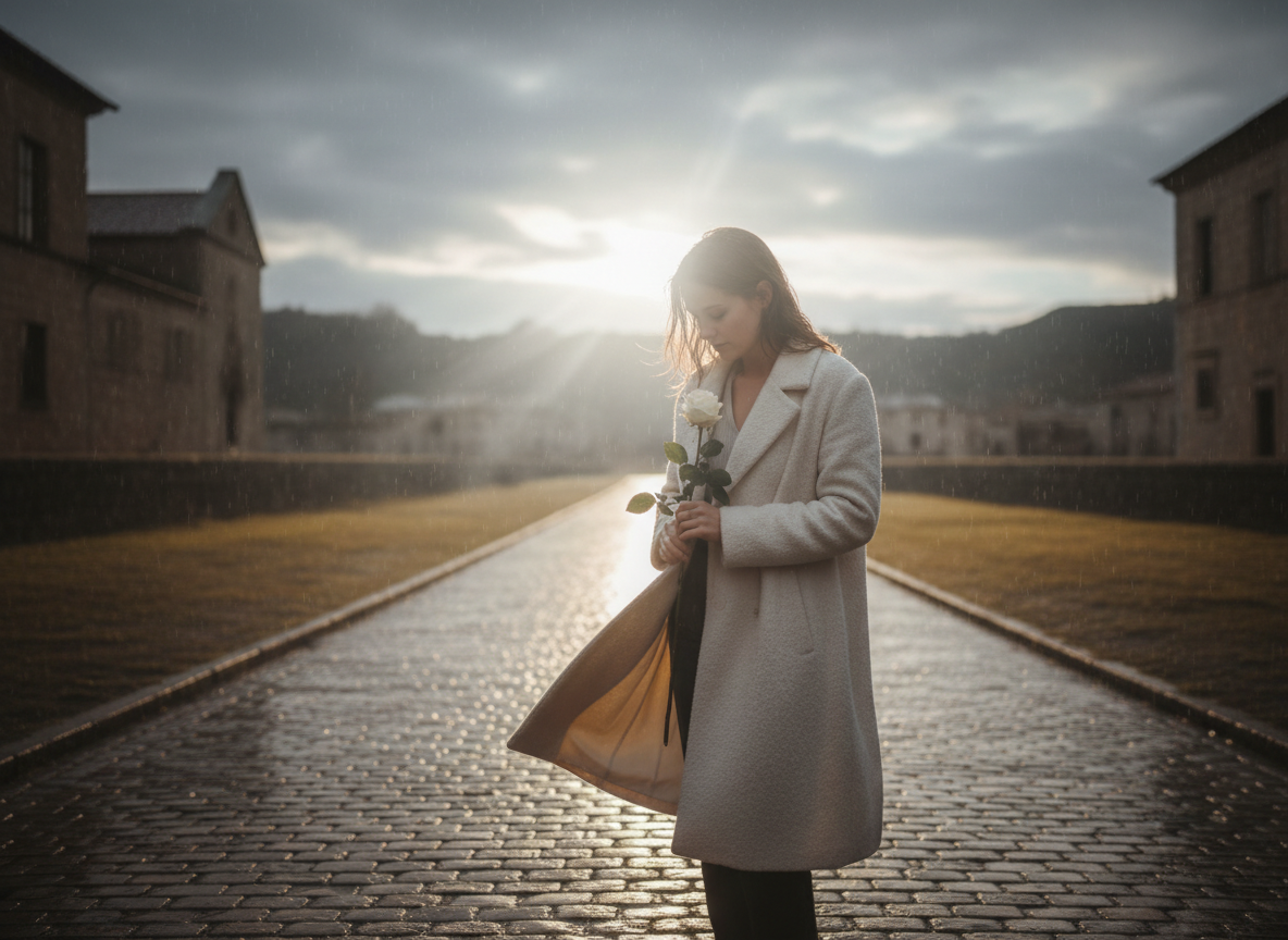 Grace Doesn't Mean Life Is Easy — a woman walking alone down a rain-soaked cobblestone path, quietly resilient, carrying a single white flower, soft silver light breaking through overcast clouds in the distance