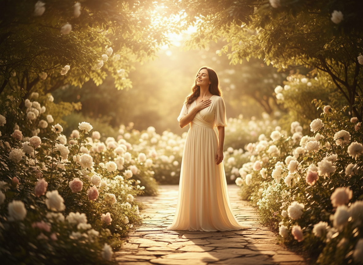 Recognise Your Moment of Grace — a woman pausing in quiet awareness on a sunlit garden path, surrounded by blooming flowers and golden light