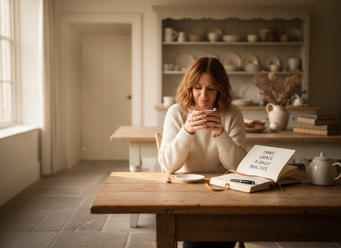 Make Grace a Daily Practice — a woman sitting at a sunlit kitchen table in the early morning, a warm cup of tea in her hands, a journal open beside her, soft golden light streaming through a window