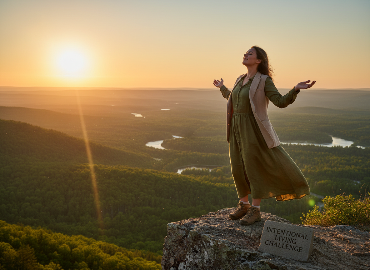 Ultra high resolution 8K cinematic photograph representing the "Intentional Living Challenge" — a powerful, aspirational scene of a confident woman standing at the edge of a sunlit cliff overlooking a vast, lush green valley at golden hour. She stands tall in elegant but purposeful attire, arms slightly open, face lifted toward the warm light — embodying intention, courage, and deliberate living. The atmosphere is expansive, uplifting, and deeply motivating. Rich warm gold, deep forest green, and soft amber tones. Dramatic cinematic lighting, photorealistic, ultra-detailed, wide landscape composition, 8K resolution.
