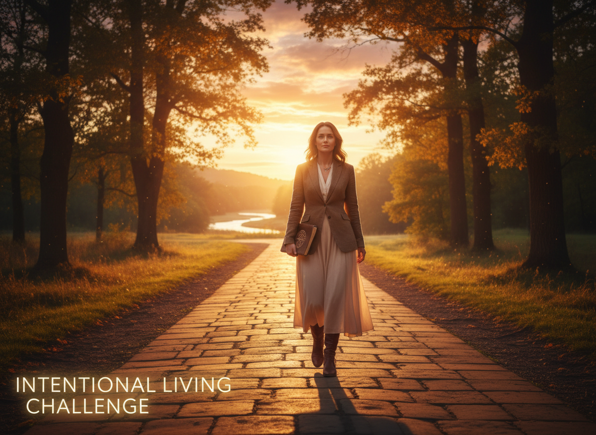 Ultra high resolution 8K cinematic photograph representing the "Intentional Living Challenge" — a bold, inspirational scene of a determined woman walking purposefully along a wide sunlit path through a breathtaking landscape at golden hour. She is dressed in elegant, purposeful attire, carrying a leather journal, face forward with quiet confidence and resolve. The path ahead is clear, lined with tall trees glowing in warm amber and gold. The atmosphere is expansive, motivating, and deeply intentional — evoking courage, purpose, and deliberate daily choices. Rich warm gold, amber, and deep green tones. Dramatic cinematic lighting, photorealistic, ultra-detailed, 8K resolution, wide landscape composition.