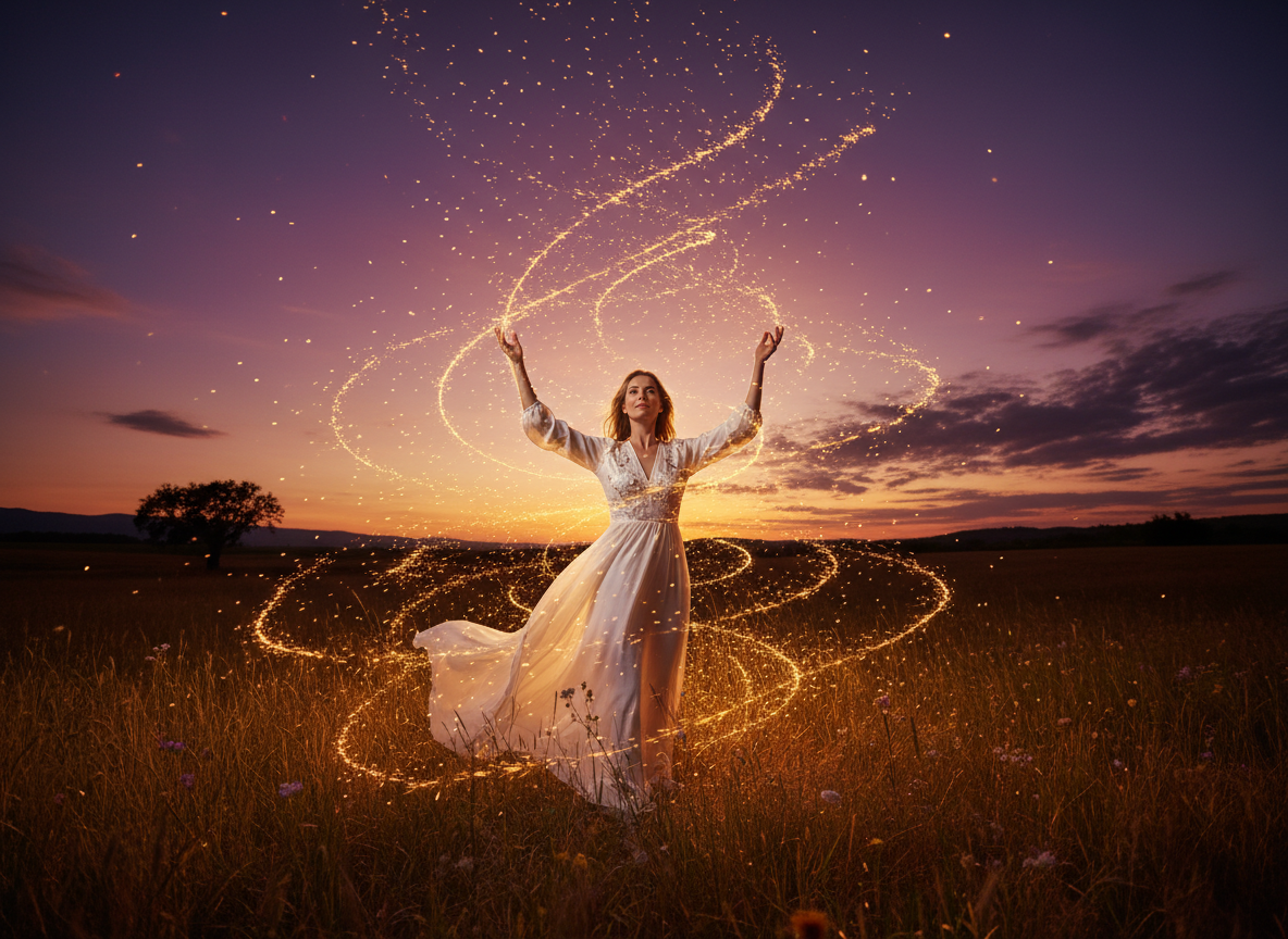 Ultra high resolution 8K cinematic photograph representing "Intentional Sparks" — a powerful, inspiring scene of a radiant woman standing in a vast open field at dusk, arms slightly raised, surrounded by hundreds of golden sparks and glowing embers rising into a breathtaking twilight sky of deep violet, rose gold, and amber. The sparks swirl around her like a living constellation of light, each one representing a moment of clarity, courage, and intentional choice. She stands with quiet confidence and inner fire, dressed in flowing elegant attire. The atmosphere is electric, awakening, and deeply purposeful — evoking the ignition of intentional living. Ultra-detailed, photorealistic, 8K resolution, wide landscape composition, dramatic cinematic lighting.
